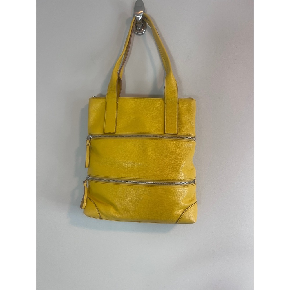 Fossil Yellow Pebbled Leather Tote Bag Vertical Zip Shopper Shoulder Bag